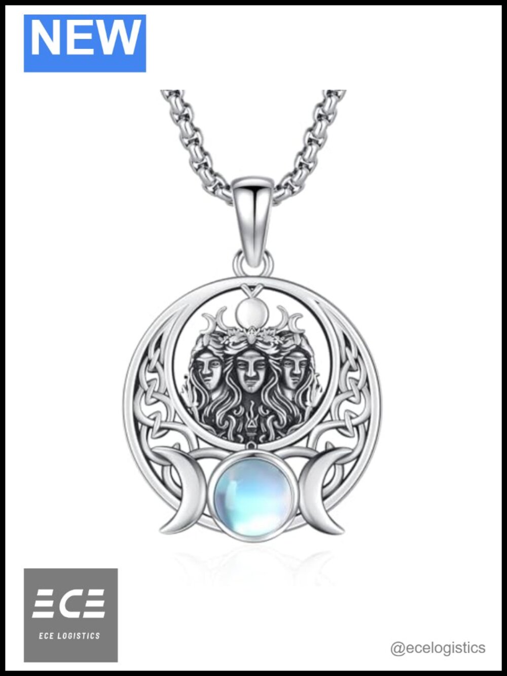 S925 Sterling Silver Hecate Pendant Necklace Triple Goddess Moonstone